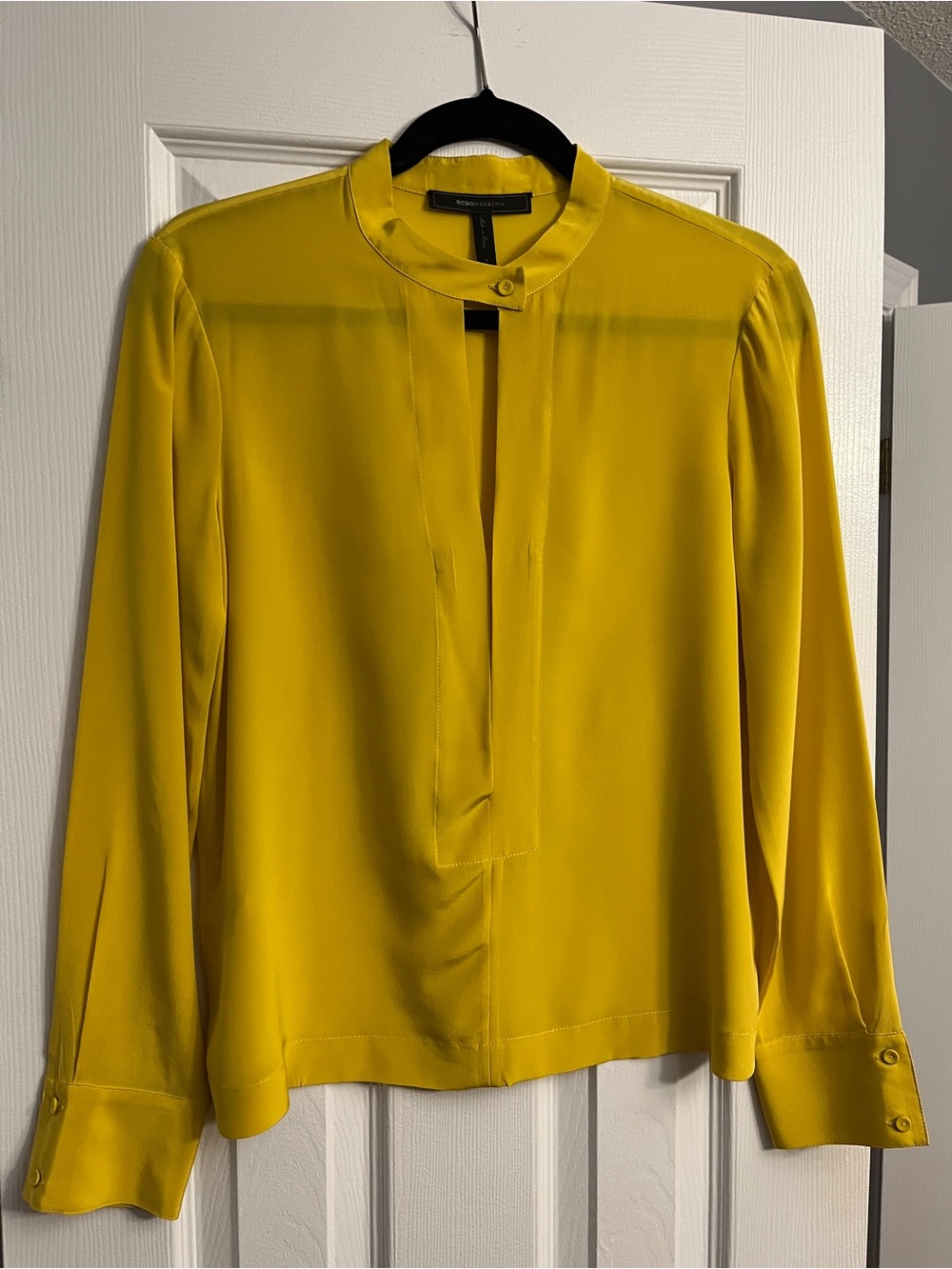 BCBGMaxAzria Mustard Yellow Silk Keyhole Blouse